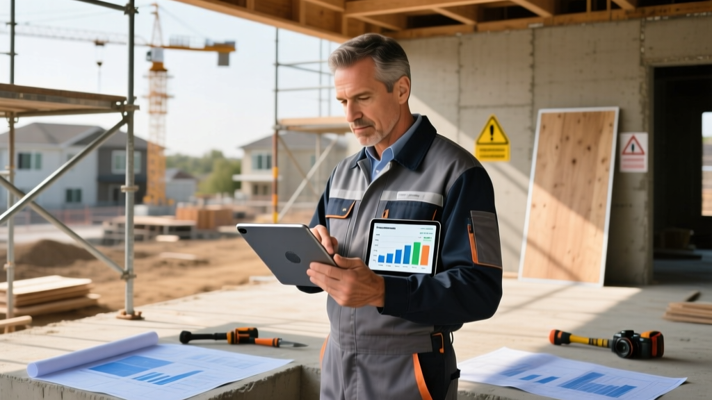 Construction project manager reviewing digital building materials prices news and cost estimating charts on a tablet at a residential job site