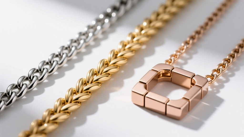 Extreme close-up comparing three chain styles side-by-side: a rigid herringbone, a woven wheat chain, and a square box chain.