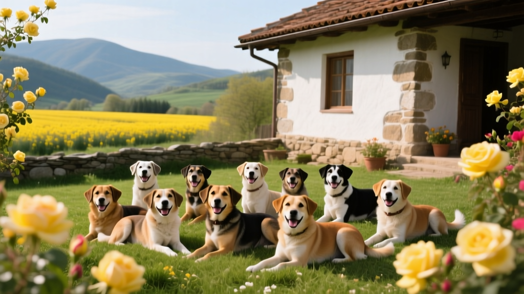 Twelve happy mixed-breed dogs lounging together in a grassy yard beside a traditional Bulgarian stone house, with distant hills and yellow rose fields in view