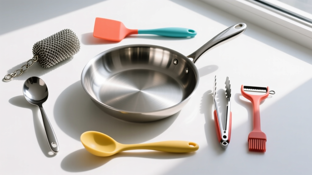 Flat lay of a 7 piece kitchen gadget set with chainmail scrubber and silicone spatula arranged around a shiny stainless steel skillet