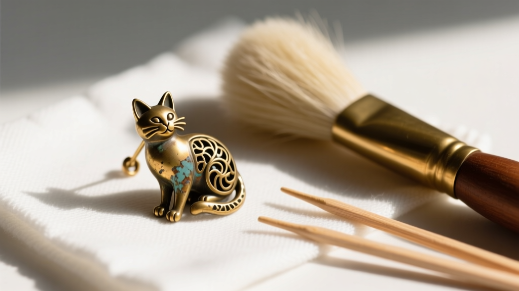 Macro shot of a tarnished brass vintage cat earring on a microfiber cloth beside a soft goat-hair brush and wooden toothpicks.