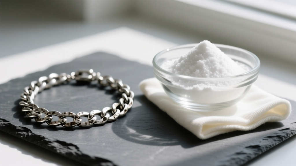 Tarnished sterling silver chain necklace on dark slate next to a glass bowl of baking soda and a soft microfiber jewelry cloth