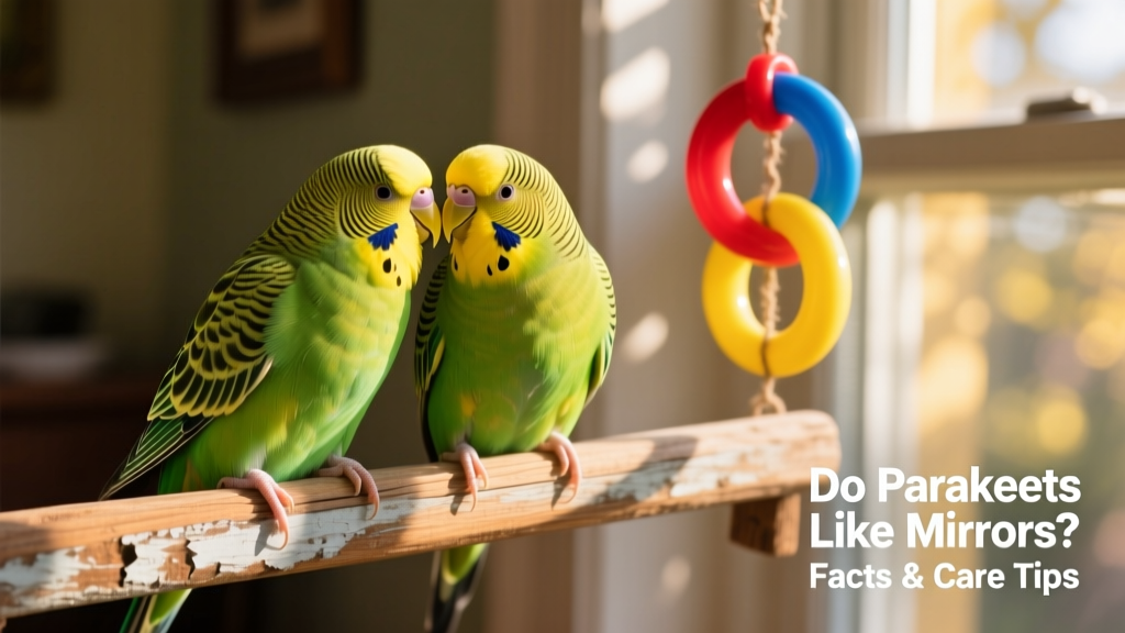 A pair of parakeets interacting peacefully on a wooden perch with colorful toy rings nearby