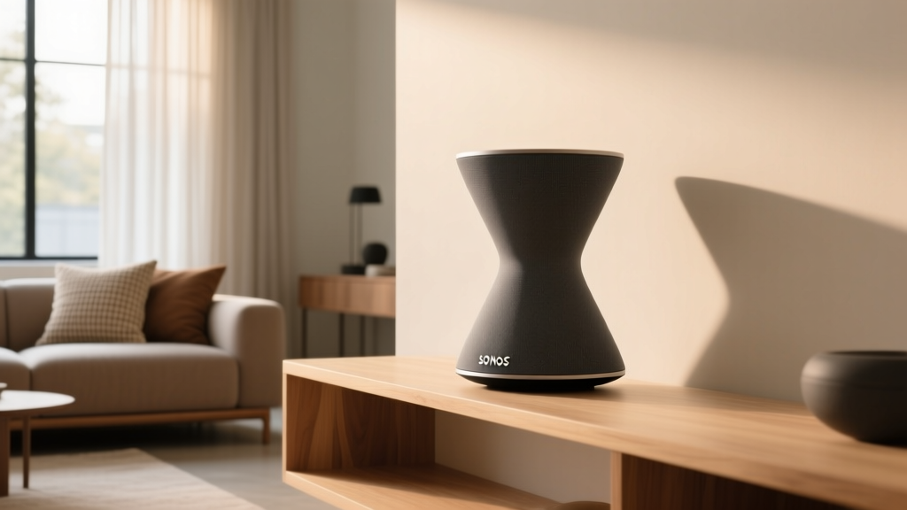 Sonos Era 300 speaker displaying its unique hourglass acoustic architecture on a modern wooden shelf in a living room