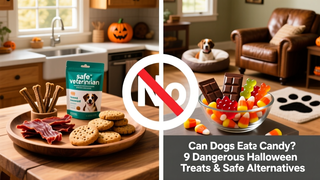 Side-by-side comparison: safe dog treats on one side, and common Halloween candies—including chocolate bars, gummy bears, and candy corn—on the other, with a clear 'No' icon over the candy
