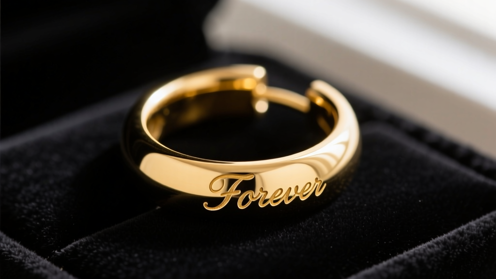 Macro shot of a thick 14k yellow gold hoop earring on black velvet, showing faint laser-engraved cursive text on the outer curve.