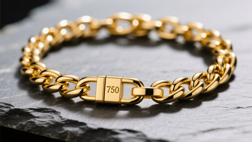Macro shot of 18k yellow gold Italian Figaro chain on slate, displaying alternating links and a 750 hallmark stamped on the clasp.