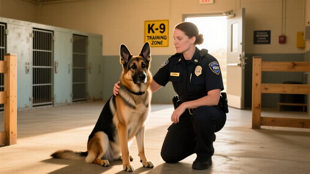A calm, well-groomed German Shepherd sitting attentively beside a TSA handler in a training facility