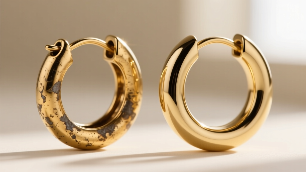 Macro shot of tarnished gold vermeil huggie hoop beside solid 14k gold huggie, revealing plating wear along the snap clasp edge.