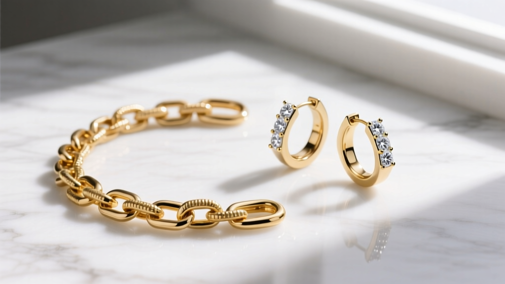 Flat lay of demi fine jewelry with a chunky 18k gold vermeil paperclip chain and lab-grown diamond huggie hoops on white marble