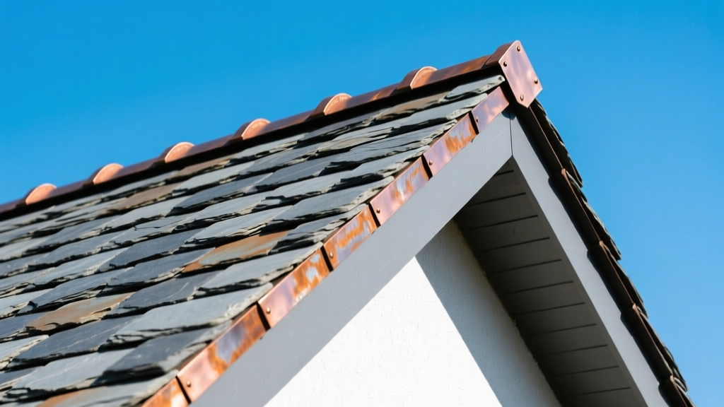 Architectural close-up of natural grey slate roof tiles overlapping with copper flashing on a steep-pitch residential roof under clear skies