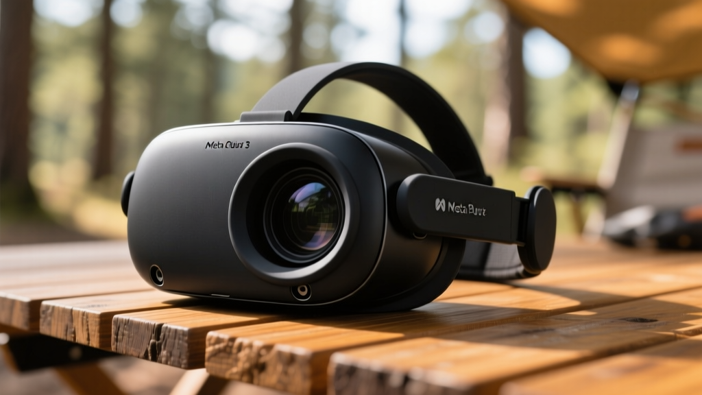 Close-up of a black silicone protective lens cover being snapped onto a Meta Quest 3 headset resting on a wooden camping table