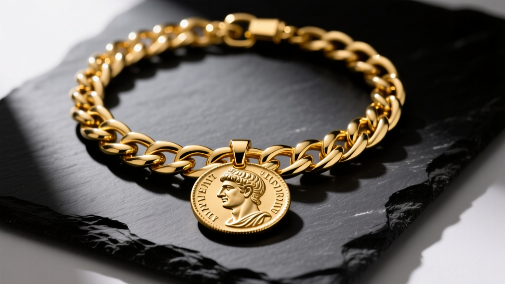 Tangled 14k yellow gold Cuban link necklace with a heavy Roman coin pendant resting on dark slate under dramatic studio lighting