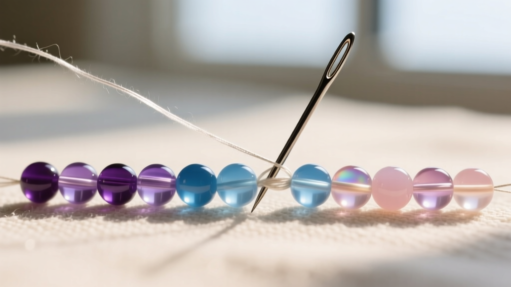 Macro shot of a size 10 beading needle passing through 11/0 Miyuki Delica beads with translucent 6lb gel-spun beading thread