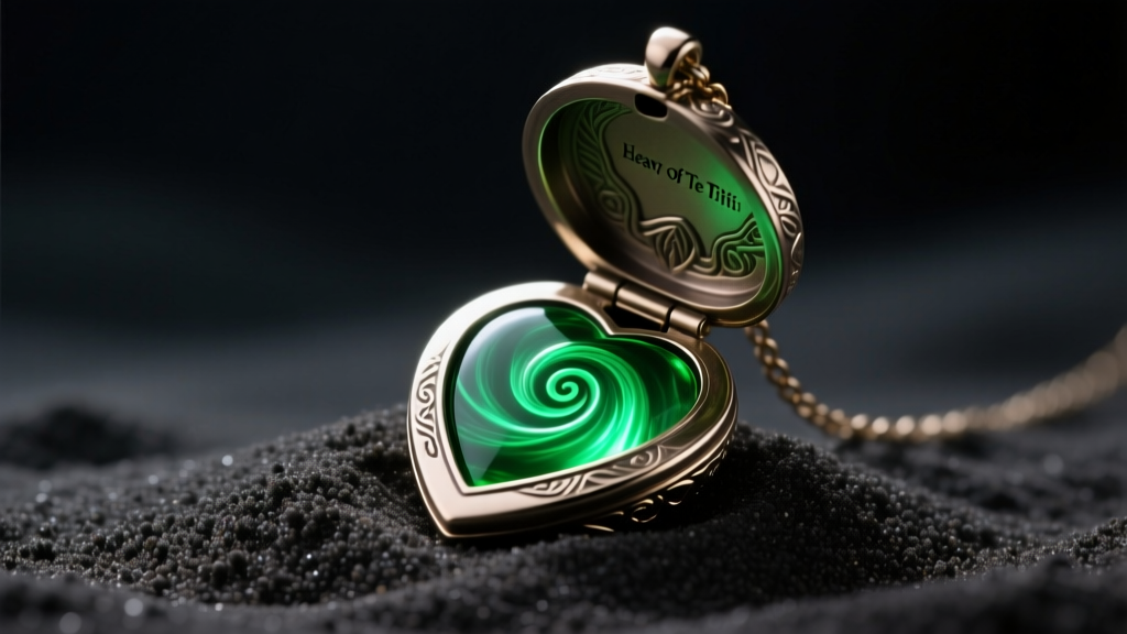 Open Moana Heart of Te Fiti locket necklace revealing a green resin spiral stone, resting on dark sand under soft studio lighting.