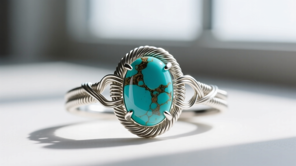 Extreme close-up of a 24-gauge dead soft silver wire securely binding a raw turquoise cabochon in a woven bezel setting.