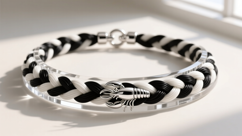 Macro shot of braided black and white horsehair necklace sealed in clear resin with a polished sterling silver lobster clasp.