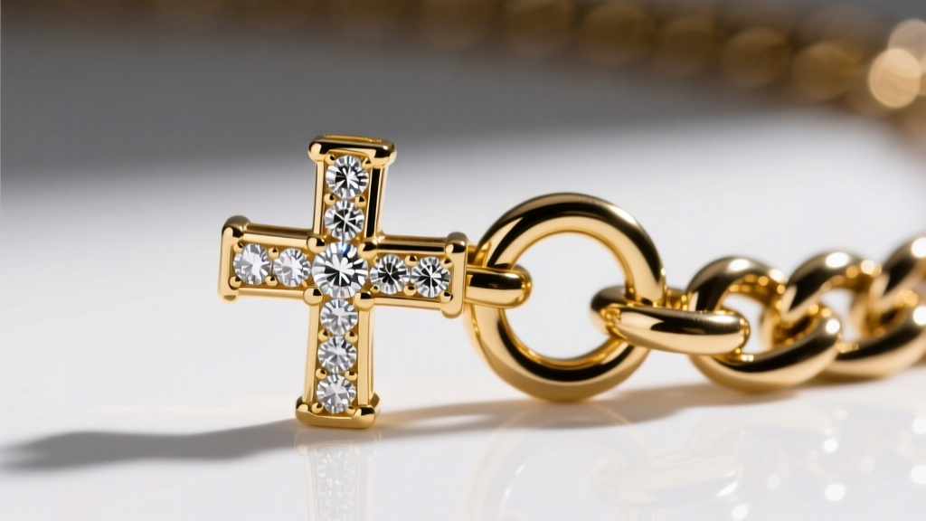 Macro view of a diamond cross bail, showing a secure setting and a thick gold jump ring attached to a heavy Cuban link chain.