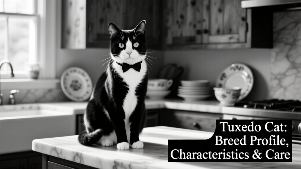 Black and white tuxedo cat sitting confidently on a kitchen countertop, showcasing its classic formal-patterned coat