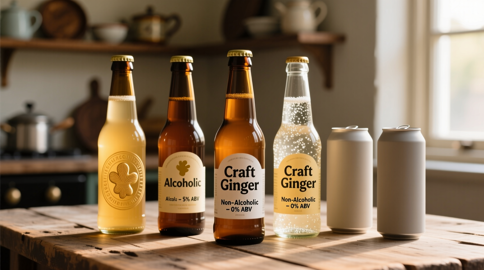 Ginger beer bottles showing alcoholic and non-alcoholic varieties