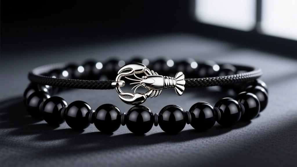 Silver lobster clasp on thick black cord, stringing polished 18mm obsidian beads separated by tiny rubber spacers on dark velvet.
