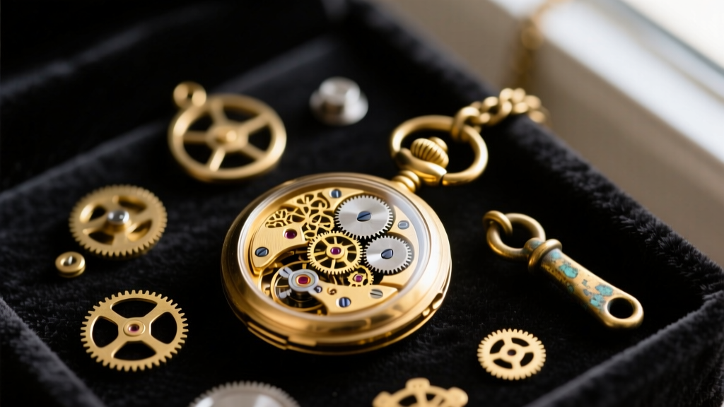 Macro shot of a disassembled vintage gold pocket watch pendant showing exposed gears and a worn bail on a dark velvet mat