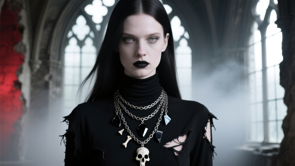 Gothic portrait of a model wearing a layered soul devour necklace over a distressed black turtleneck, showing dark fantasy styling
