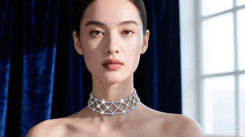 Close-up of a model wearing a delicate invisible-wire rhinestone choker necklace, catching studio light against dark velvet.