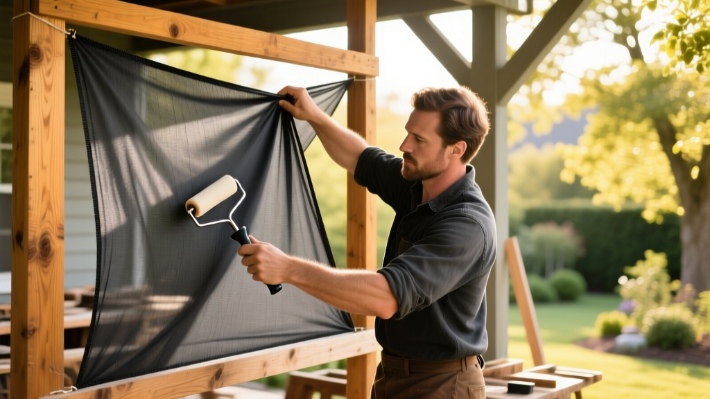 Craftsman stretching charcoal fiberglass screening over a wooden porch frame with a spline roller in hand, sunny outdoor setting