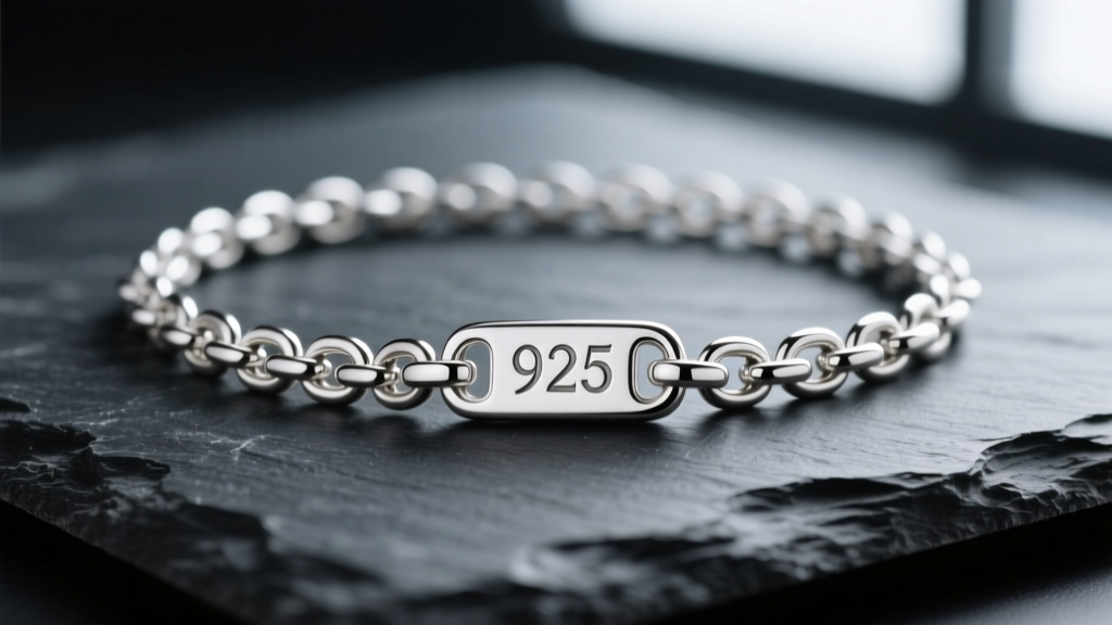 Pristine 925 sterling silver chain draped over dark slate, featuring a clear macro view of the 925 hallmark stamped on the clasp