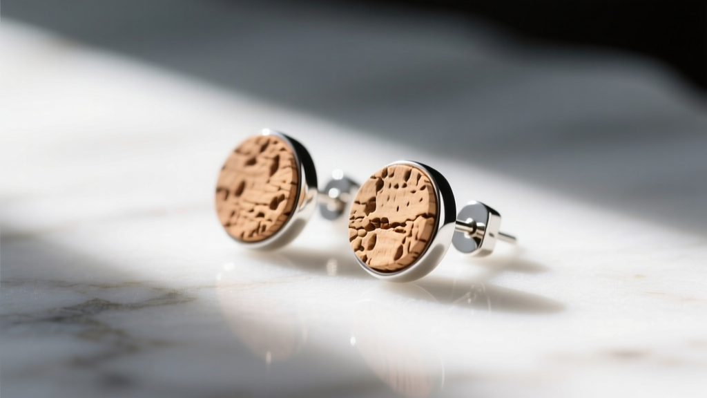 Macro shot of natural cork earrings with sterling silver posts resting on white marble, illuminated by soft morning light
