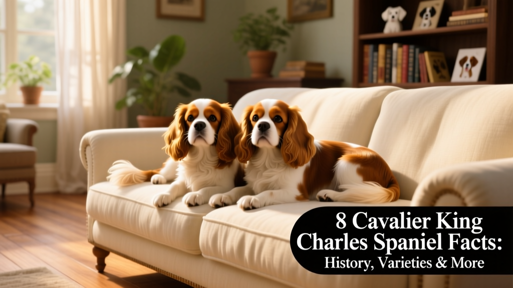 Two Cavalier King Charles Spaniels resting side by side on a sunlit sofa, tails gently curled