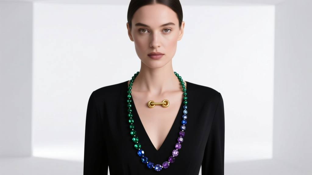 Elegant woman wearing a 20-inch princess-length graduated gemstone bead necklace with gold toggle clasp over a black V-neck top
