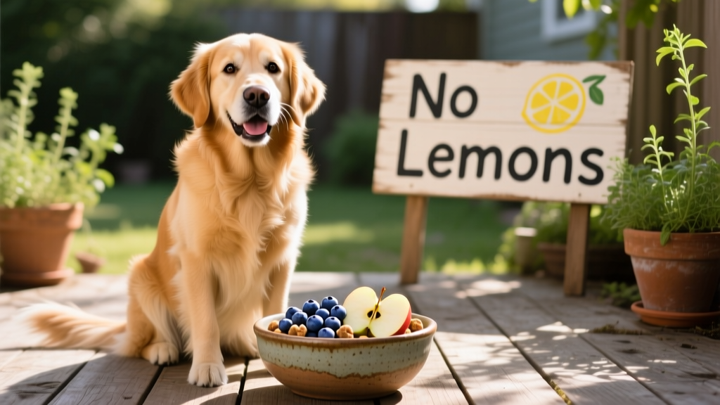 Happy dog sitting beside a bowl of safe, vet-approved fruit treats—including blueberries and apple slices—with a 'No Lemons' sign subtly in background