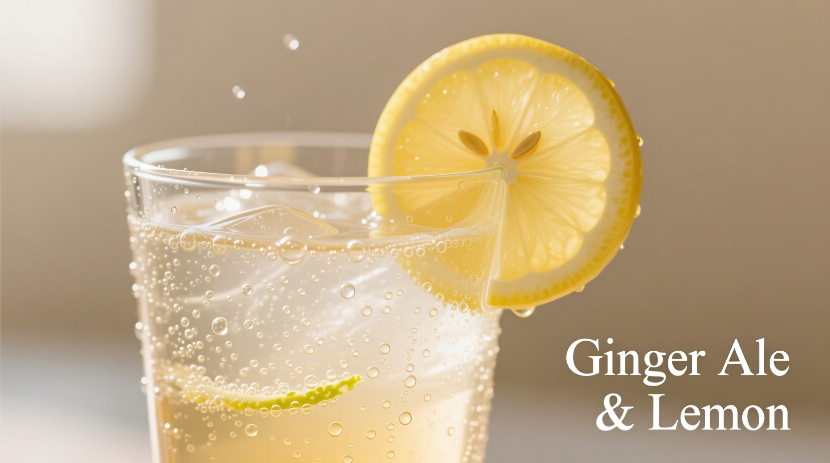 Clear glass of ginger ale with lemon slice and condensation