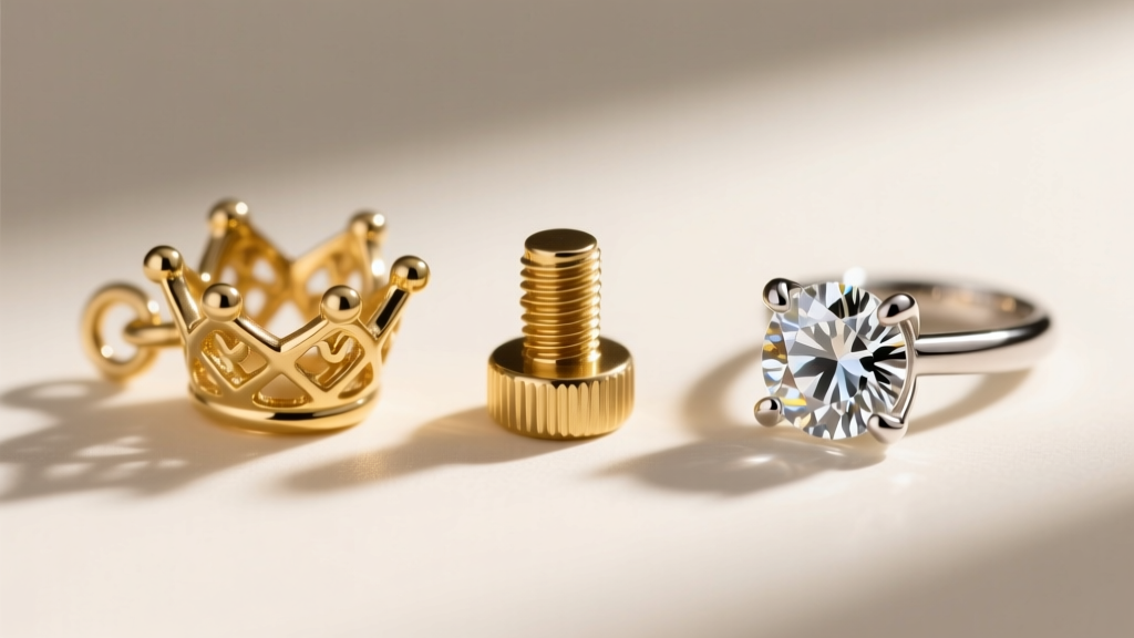 Close-up of three jewelry findings: a gold-filled glue-in crown bail, a screw-in cap, and a pronged gemstone crown setting