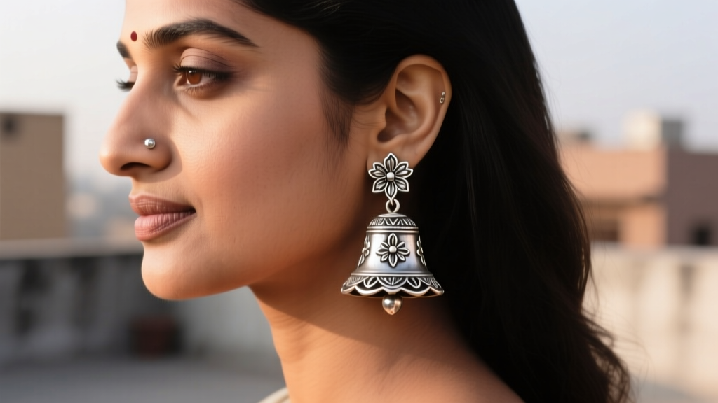 Woman wearing an oxidized silver jhumka Indian earring, soft lighting highlighting the intricate bell shape and floral metalwork.