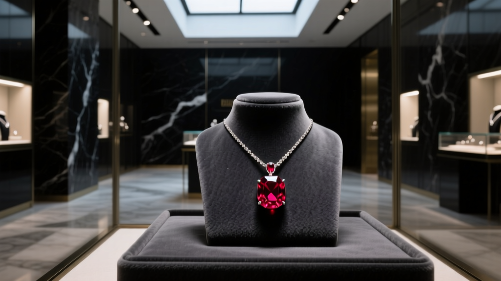 Pigeon blood ruby pendant necklace resting on dark grey velvet inside a dimly lit, high-end Yorkville jewelry boutique showcase