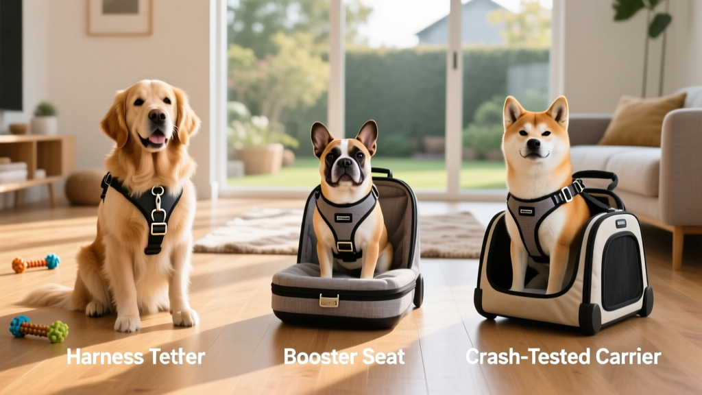 Side-by-side comparison of properly secured dog gear: harness tether, booster seat, and crash-tested carrier