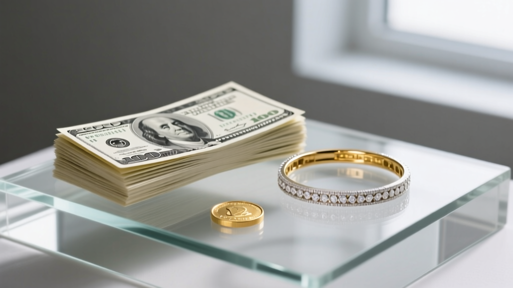 Stack of crisp hundred dollar bills beside a polished 10k white gold bracelet and a gold coin on a glass jewelry display case.