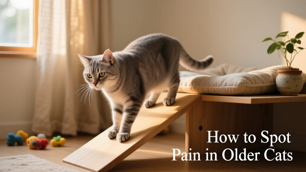 Senior cat using a ramp to access a favorite perch, with supportive bedding nearby