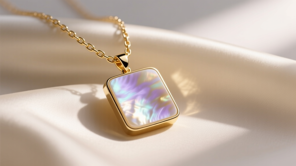 Close-up of a modern square mother-of-pearl pendant on a delicate 14k gold cable chain, resting on cream silk fabric.
