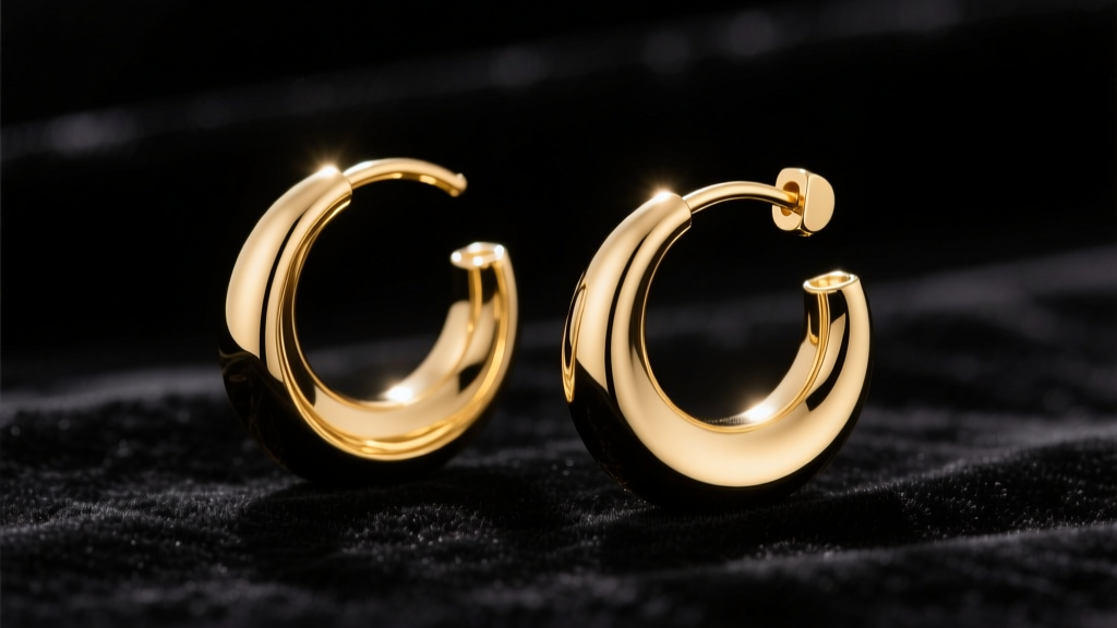 Macro shot of 14k gold C-shaped crescent hoop earrings on dark velvet, soft studio lighting highlighting polished metal curves.