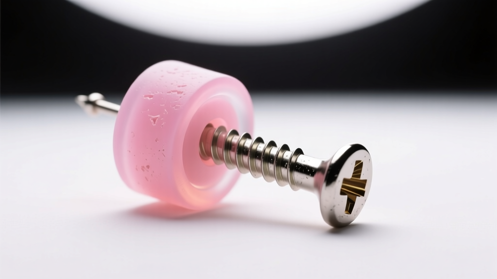 Macro studio shot of a breakaway silicone earring back and threaded 18-gauge titanium screw post on a clean white background