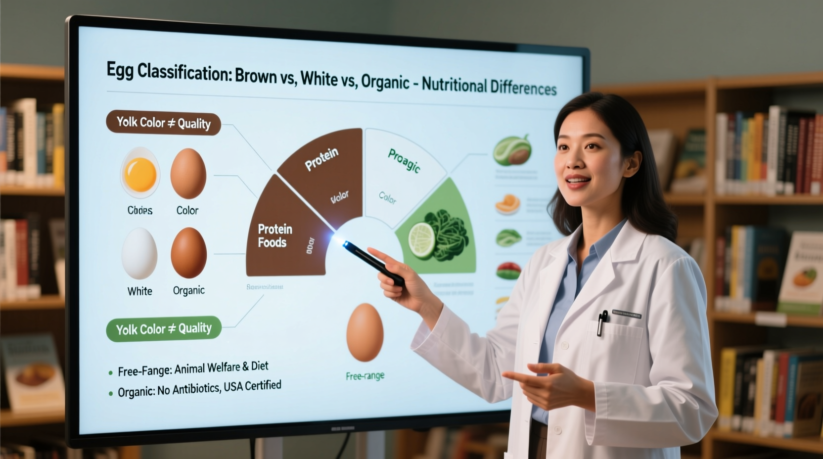 Nutritionist explaining egg classification with food group chart