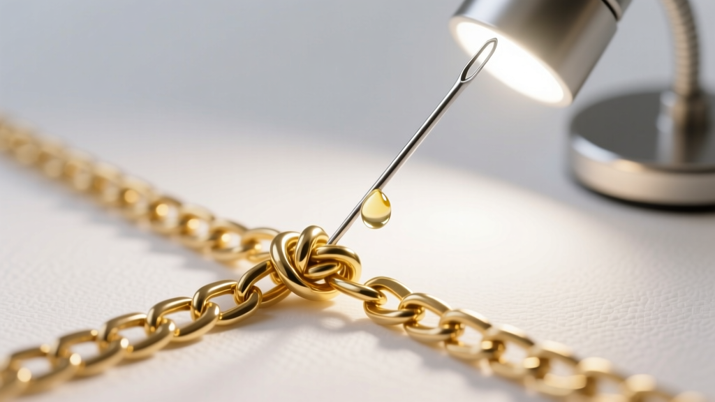 Fine sewing needle applying mineral oil to a stubborn knot in a delicate gold box chain, illuminated by a bright LED desk lamp