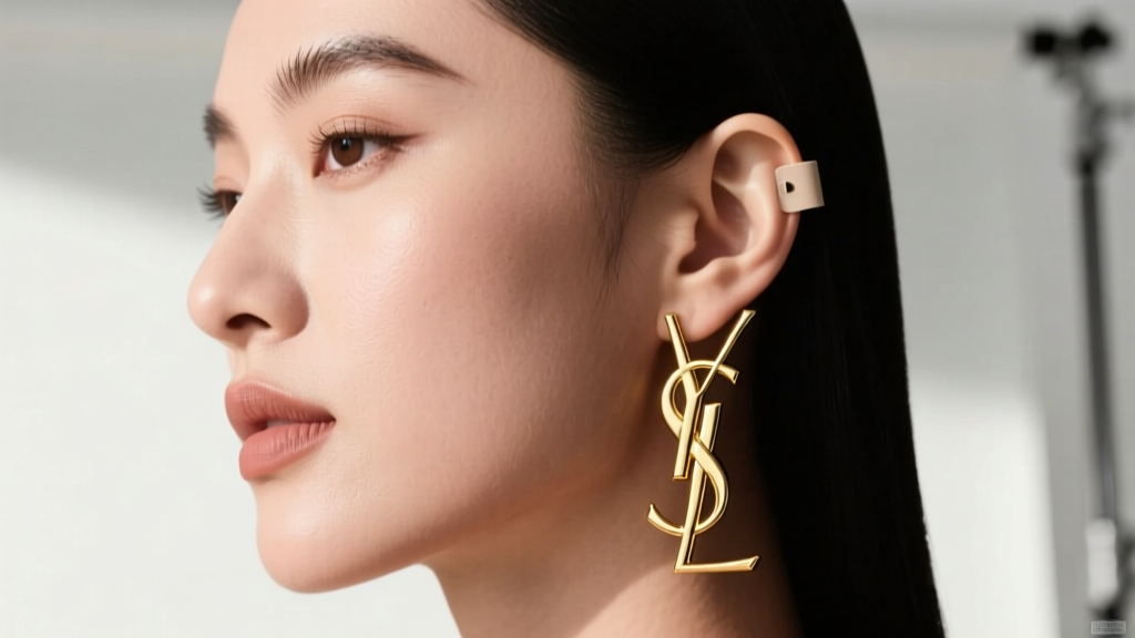 Side view of an oval face wearing heavy YSL gold drop earrings, showing a discreet earlobe support patch behind the lobe.