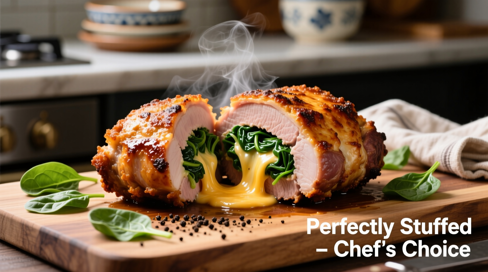Perfectly cooked stuffed pork chop with spinach and cheese filling