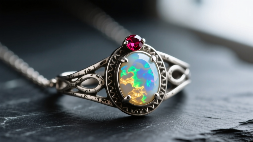 Macro shot of a tarnished sterling silver personalized birthstone necklace with a cloudy opal and ruby on dark slate