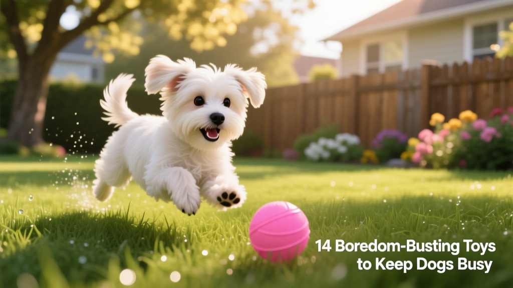 Playful Havanese puppy chasing a pink ball in the grass